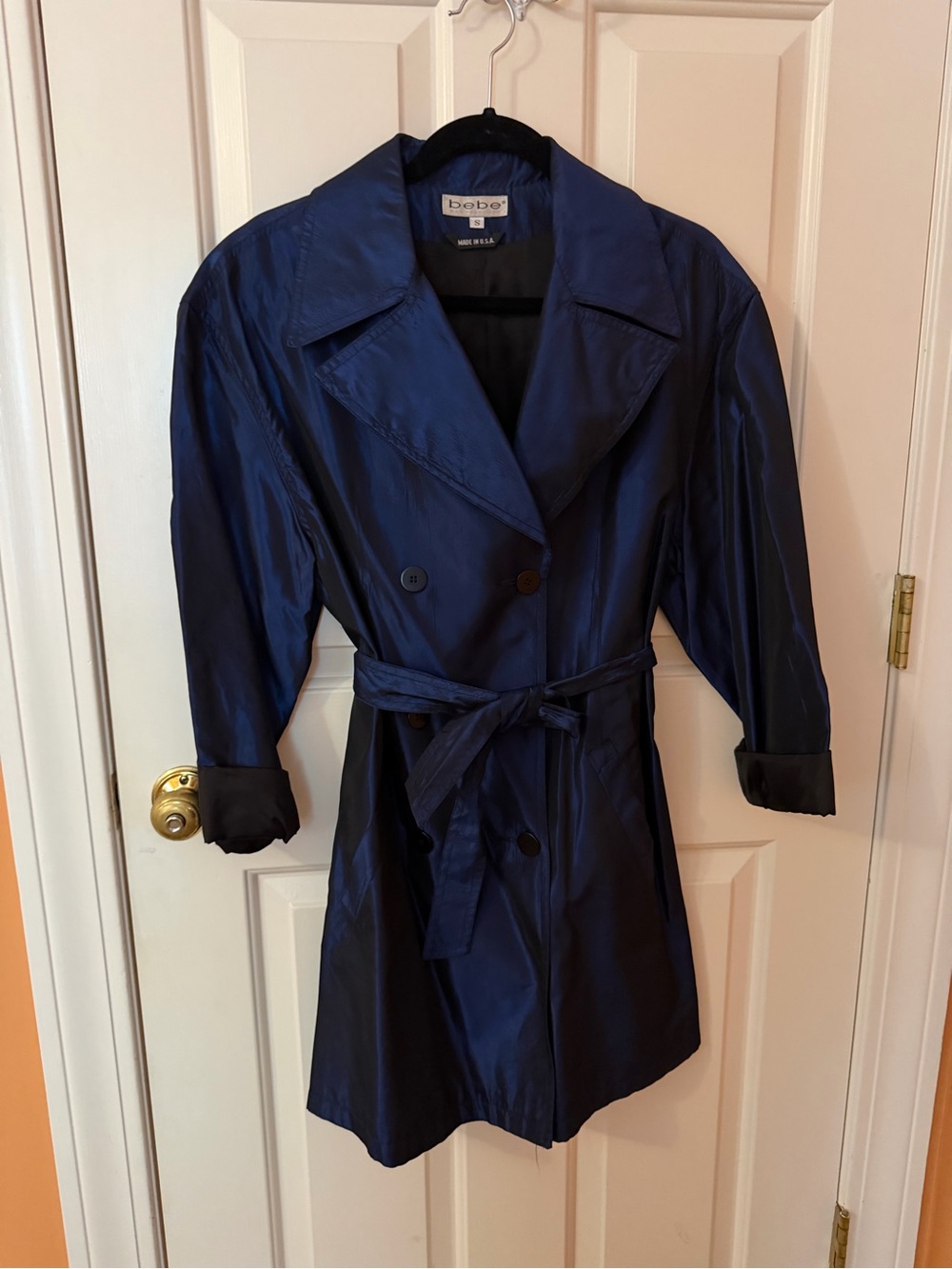 VTG 90s Bebe Iridescent Blue Belted Trench Coat Made in USA Size Small Cyber